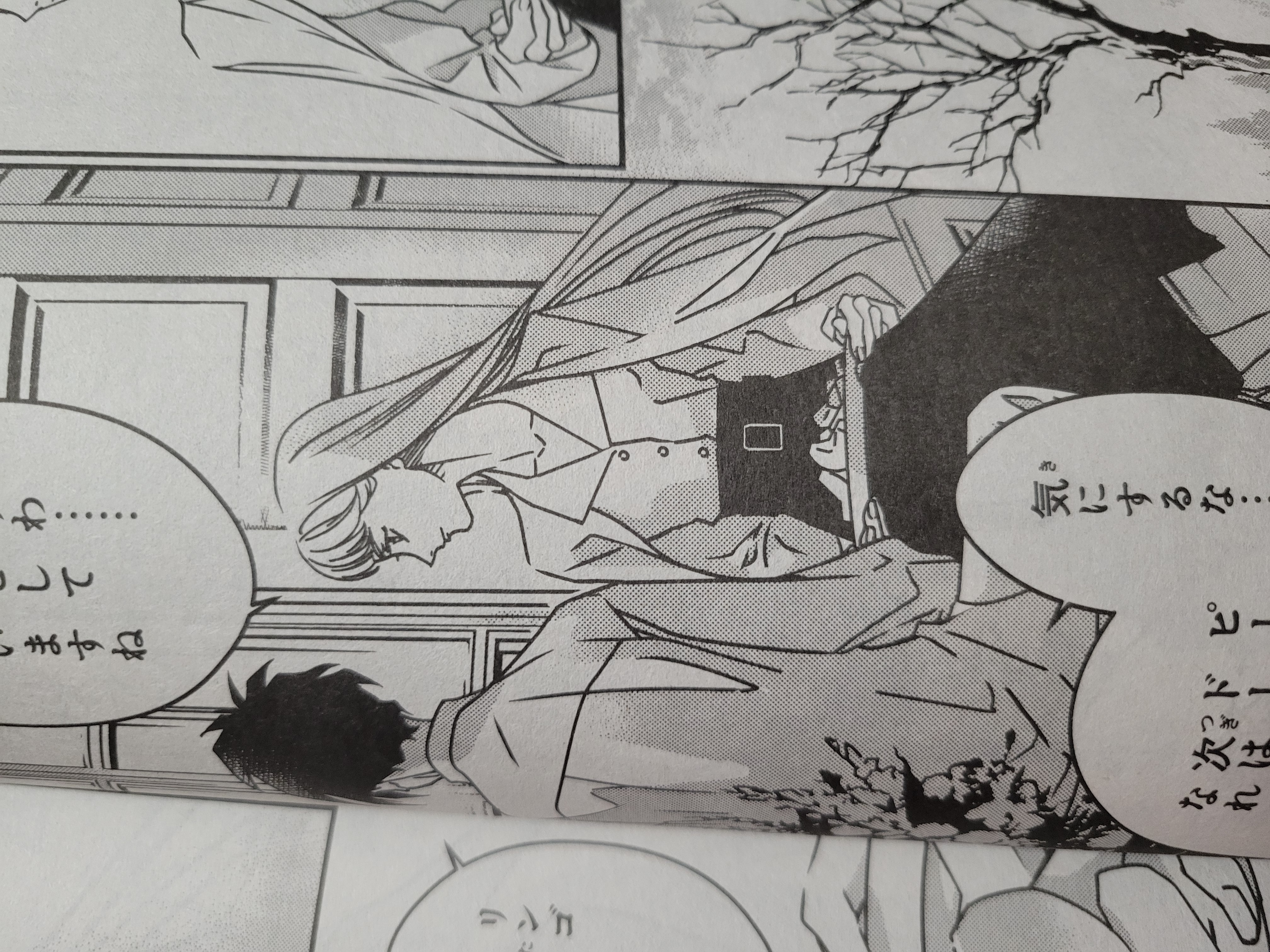 Manga panel of Gundam Wing Preventer 7 with Heero and Relena sitting on a window with Relena holding a tray